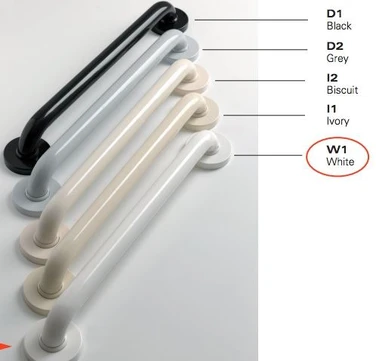 Vinyl-coated grab bars in various colors including black, grey, biscuit, ivory, and white