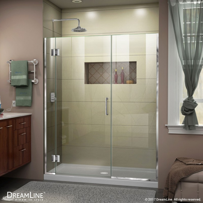 DreamLine Elegance frameless pivot shower door in modern bathroom setting, with sleek glass panels, chrome hardware
