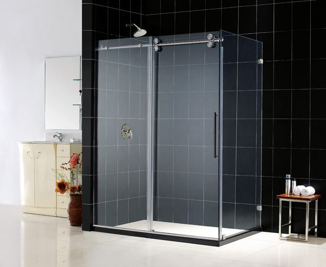 Dreamline Enigma Shower Enclosure with frameless design, polished stainless steel hardware