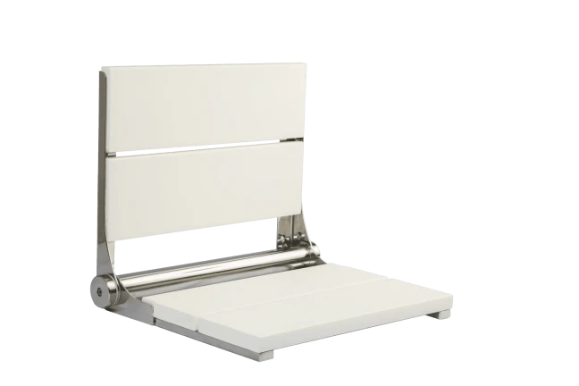 Wall-mounted folding shower seat with a sleek white design, with a sturdy stainless steel frame and a 500 lbs weight capacity