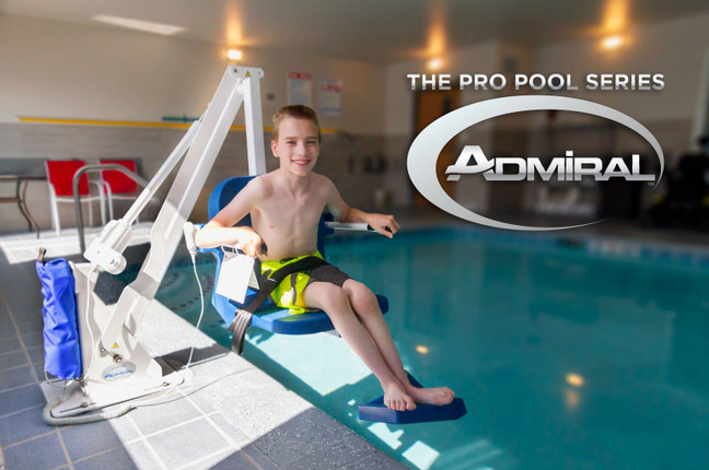 Admiral Pool Lift in use, with a young boy seated on the lift, demonstrating accessibility for pool entry