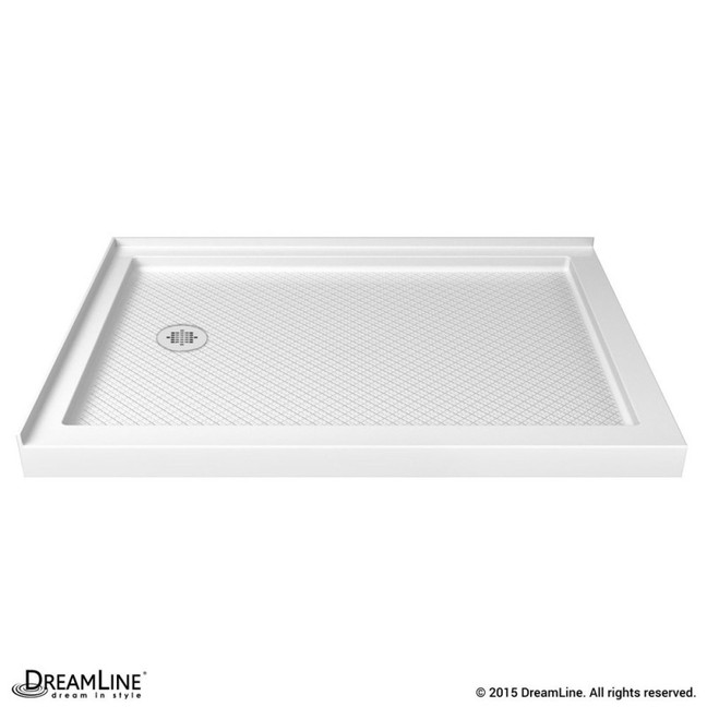 Double threshold shower base in white, 54 x 36 inches, with a left drain, textured surface, and DreamLine branding