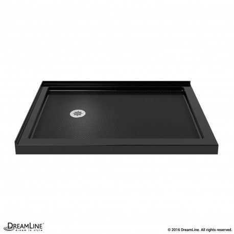 Black double threshold shower base with textured surface and center drain, part of DreamLine SlimLine series