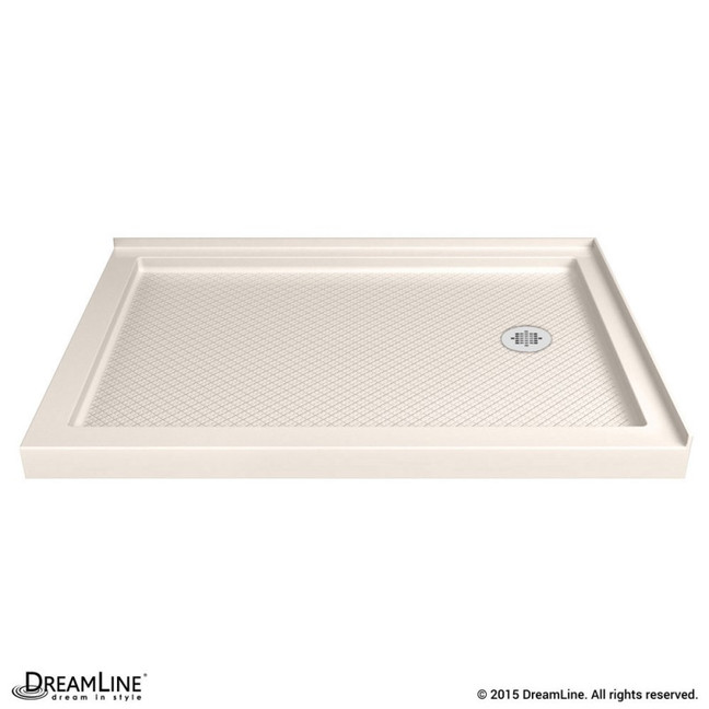 DreamLine SlimLine double threshold shower base in biscuit color, with a textured surface and integrated drain