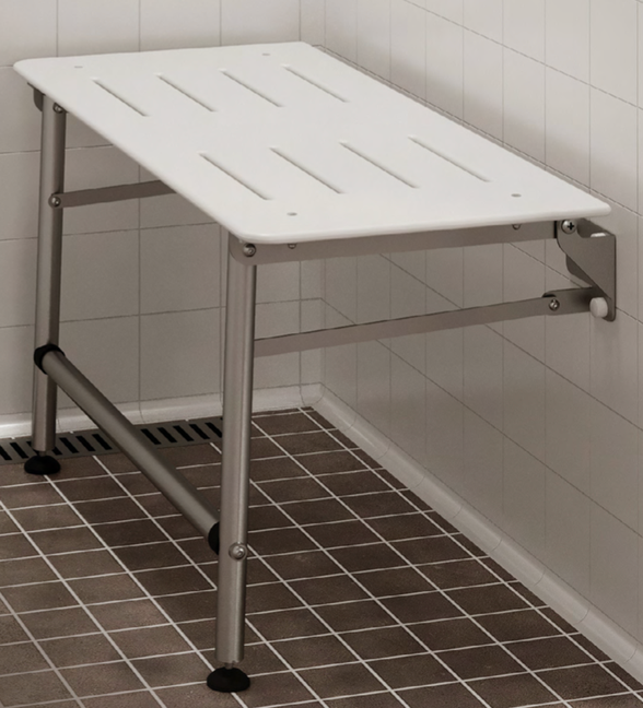 ADA Folding Shower Seat with Legs, L-shaped design, 660 lbs capacity, mounted in a tiled bathroom setting