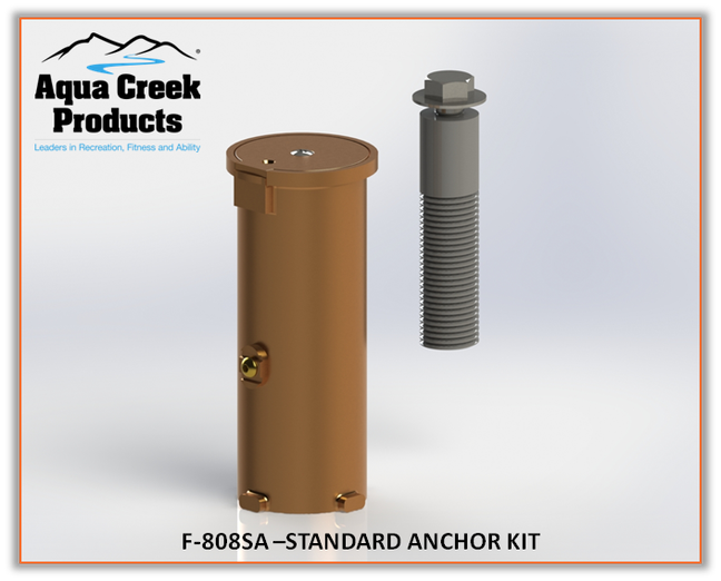 Aqua Creek standard anchor kit components, with a cylindrical anchor and a threaded bolt