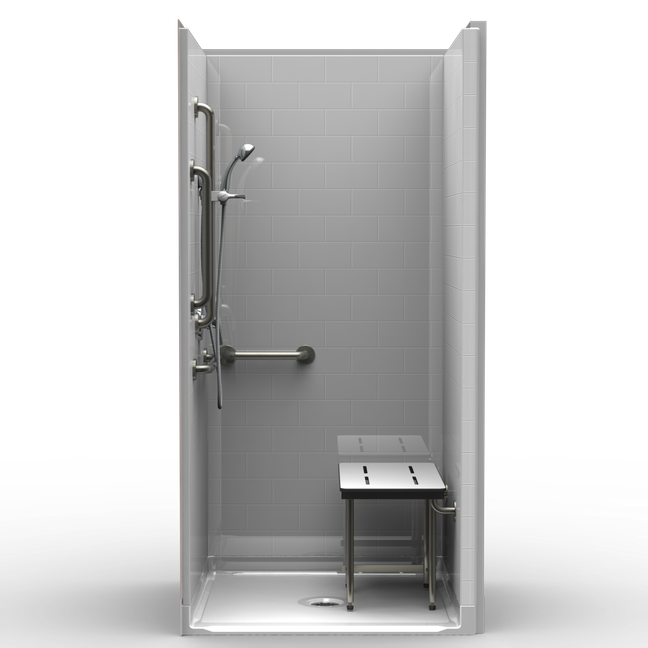 ADA-compliant shower stall with smooth wall finish, with grab bars and a foldable shower bench
