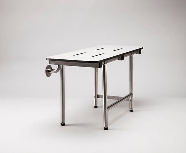Wall-mounted commercial folding shower seat with legs, heavy-duty design, suitable for 660 lbs capacity