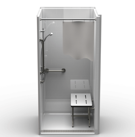ADA-compliant shower stall with a bench, grab bars, and a curtain