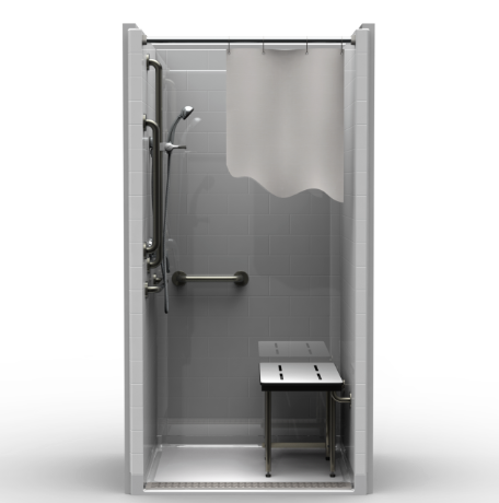 ADA-compliant shower with a spacious design with a shower bench, grab bars, and a curtain