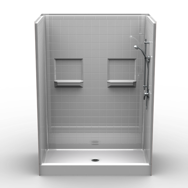 Curbed shower with built-in seat, 48 x 36 dimensions, smooth wall finish, center drain