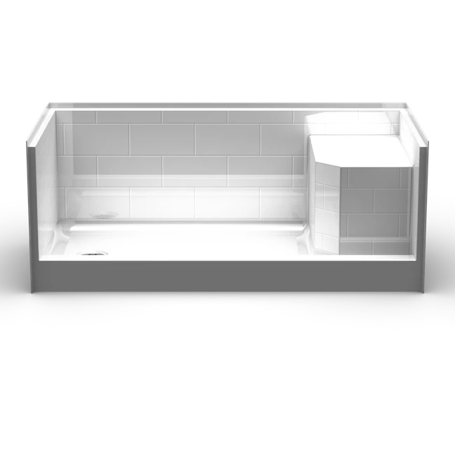 Shower base with integrated molded seat, designed for accessibility and safety