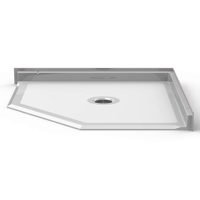 42 x 42 neo-angle barrier-free shower pan with center drain for accessible corner shower installation