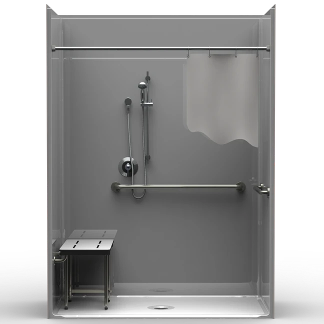 63 x 33 extra tall ADA shower stall with smooth walls, center drain, grab bar, folding seat and handheld shower