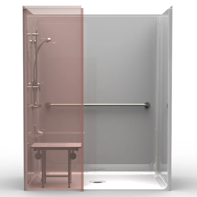 63 x 37 ADA shower stall with wing wall, smooth walls, center drain, grab bars and folding shower seat