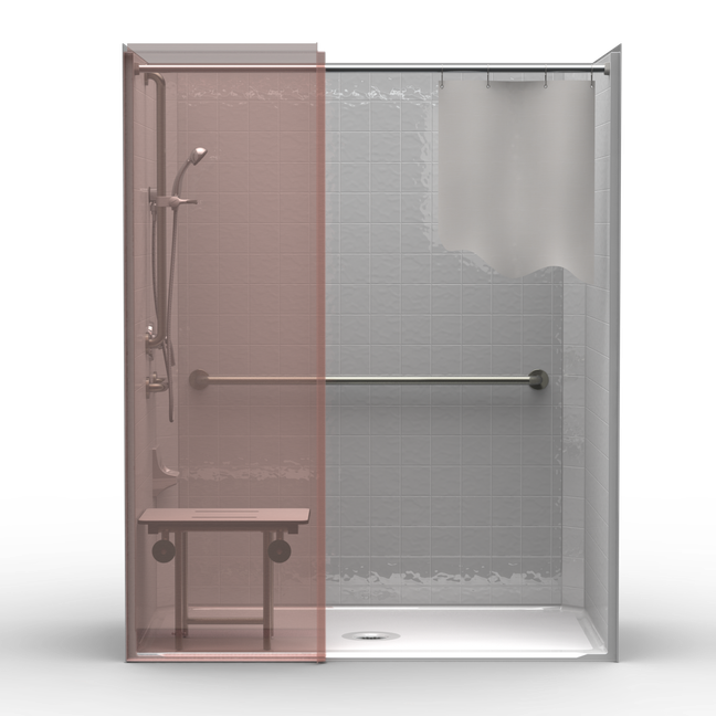 63 x 37 ADA shower stall with single-piece construction, wing wall and 4-inch simulated tile walls