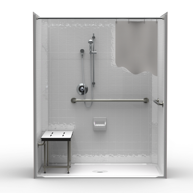 63 x 37 ADA shower stall single-piece with center drain and 4-inch simulated tile walls