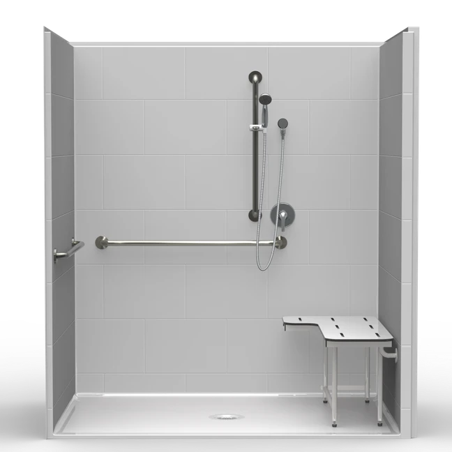 71 x 47 ADA compliant one-piece roll-in shower with center drain and white subway tile wall pattern