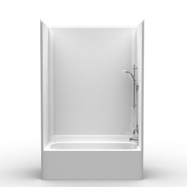 ADA compliant 60 x 30 bathtub shower combo with extra tall subway tile walls and multi-piece construction