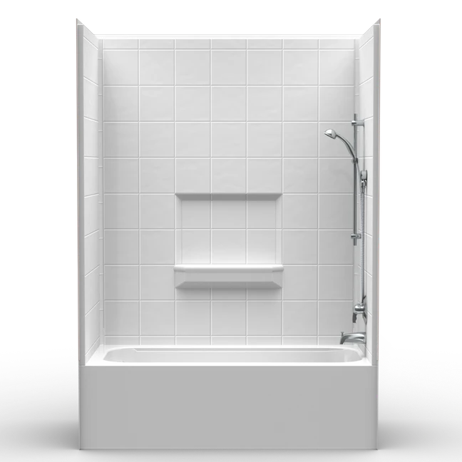 60 x 30 bathtub shower combo with 4-piece fiberglass construction and 8-inch tile pattern wall finish