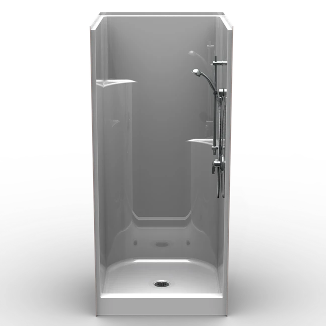 36 x 36 stand up shower stall with single-piece smooth wall design, center drain and curbed entry