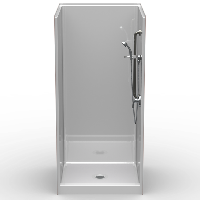 38 x 38 single-piece stand up shower stall with smooth wall finish and low-profile curbed entry
