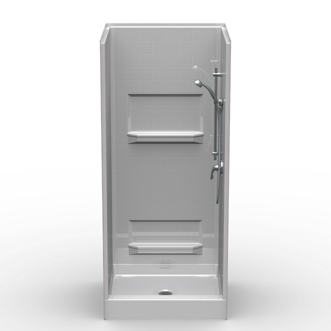 36 x 32 curbed shower stall with multi-piece subway tile walls and center drain