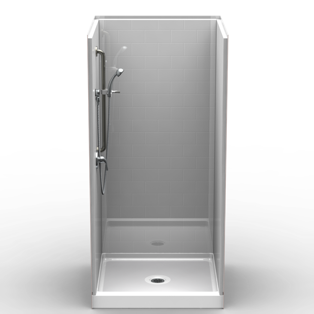 38 x 38 curbed shower stall with multi-piece subway tile walls and center drain