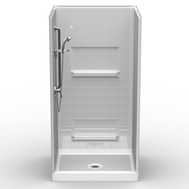 42 x 36 curbed shower stall with 4 inch tile pattern, center drain and multi-piece fiberglass walls