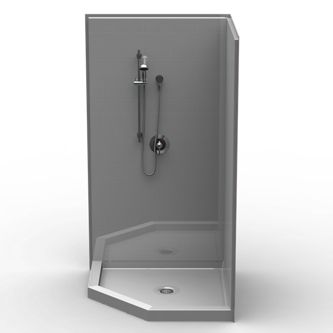 42 x 42 neo-angle shower stall with multi-piece subway tile walls and 5-inch curbed threshold