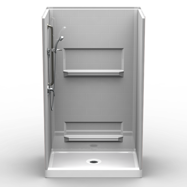 48 x 32 curbed shower stall with multi-piece subway tile walls and center drain