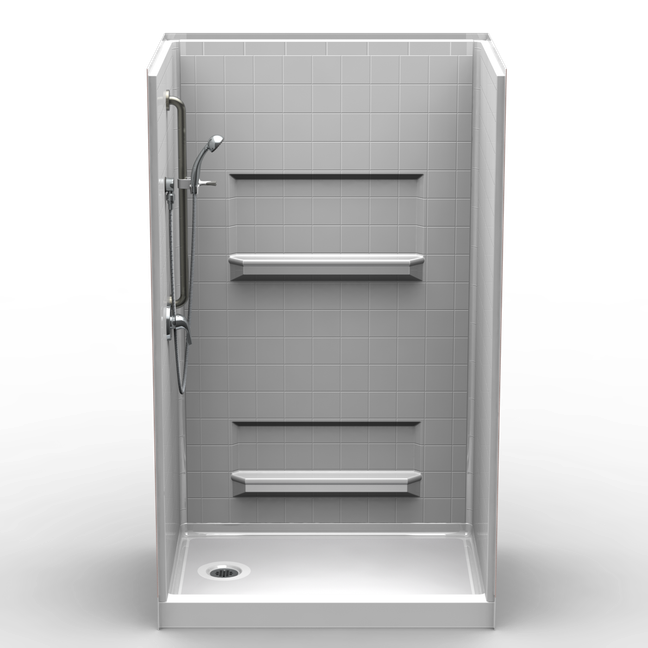 48 x 34 curbed shower stall with multi-piece design and 4-inch tile wall pattern