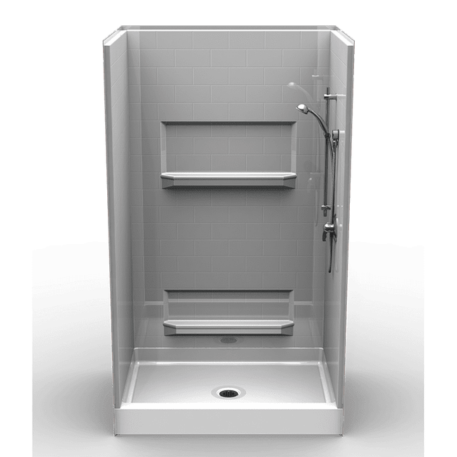48 x 36 curbed shower stall with multi-piece subway tile walls and center drain