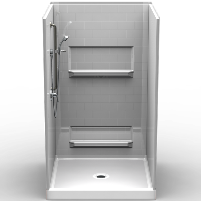 48 x 48 curbed shower stall with multi-piece fiberglass walls and white subway tile pattern