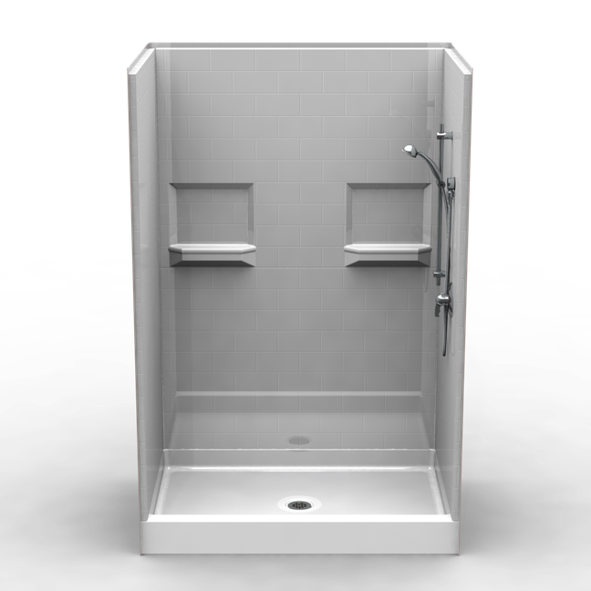54 x 36 curbed shower stall with multi-piece design and subway tile wall pattern