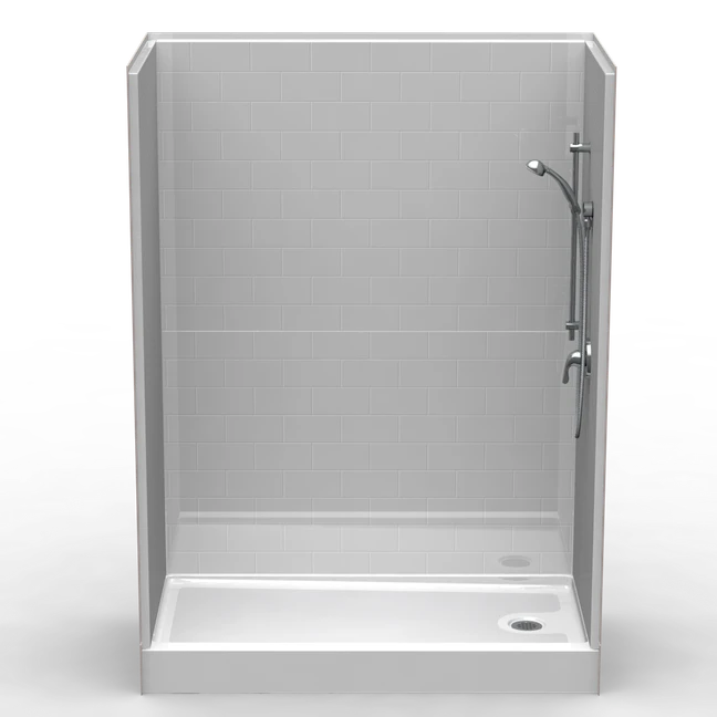 60 x 30 AFR curbed shower stall with multi-piece subway tile walls and above-floor rough drain design