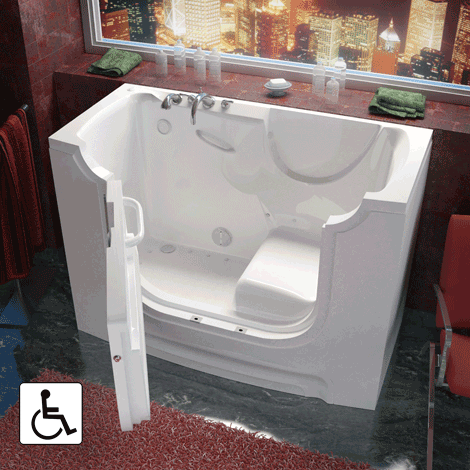 Meditub 30 x 60 wheelchair accessible walk-in bathtub with outward-swinging door and built-in seat