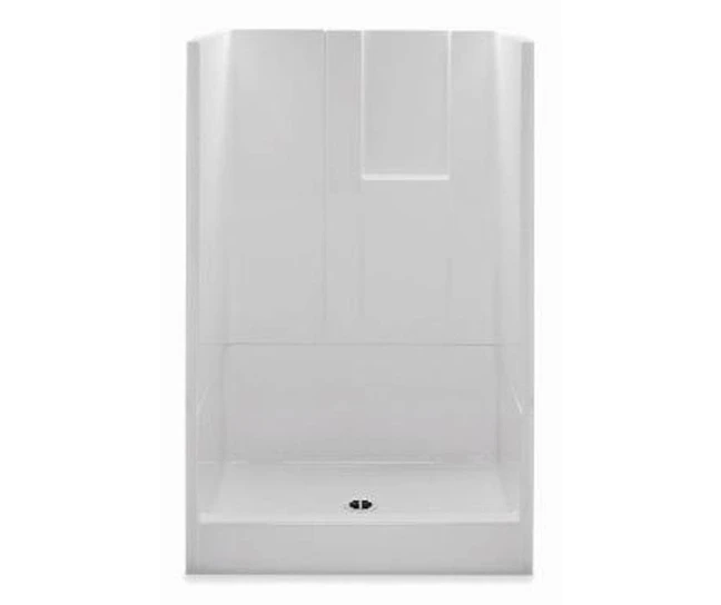 48 x 34 curbed shower stall with center drain, smooth walls and molded shelving