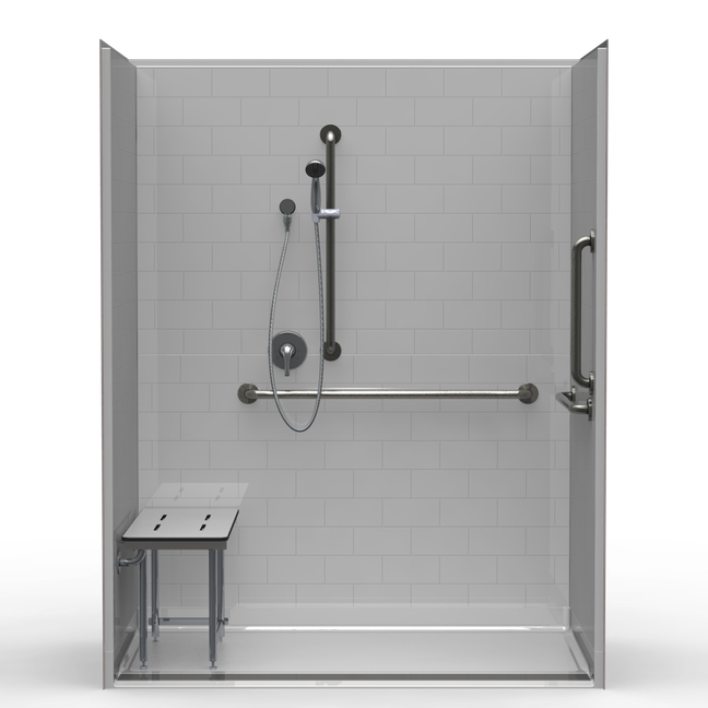 63 x 37 ADA shower stall with front trench drain, subway tile walls, folding seat and grab bars