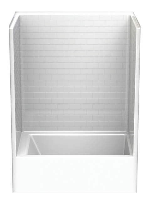 60 x 42 single-piece tub shower combo with white subway tile walls and AcrylX acrylic finish