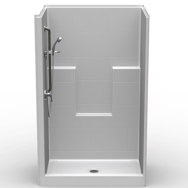 50 x 36 single-piece curbed shower stall with subway tile walls and center drain