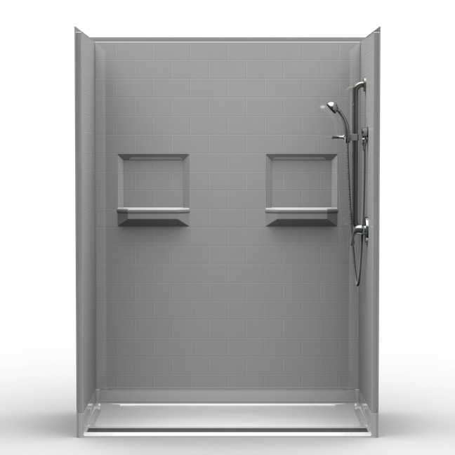 60 x 32 accessible shower stall with front trench drain and subway tile walls