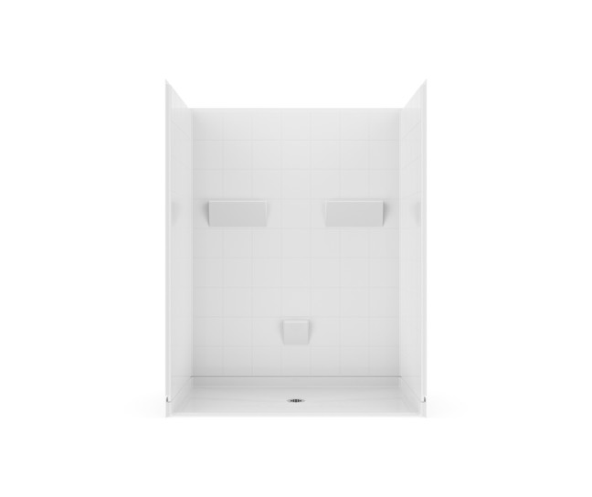 60 x 33 Roll-in Shower Stall with barrier-free design, center drain, and wall shelves