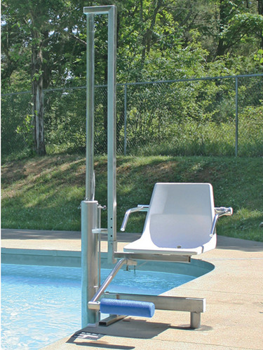 Aqua Creek Mighty Pool Lift with a stainless steel frame and a white seat, positioned at the edge of a swimming pool