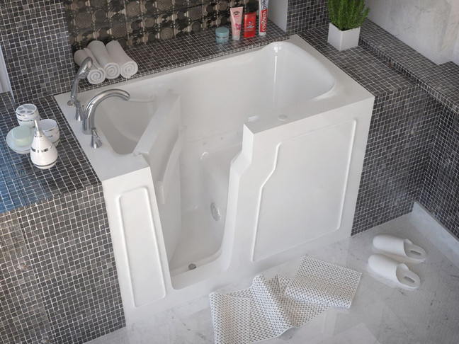 Compact walk-in bathtub by Meditub, with a low threshold entry, modern design