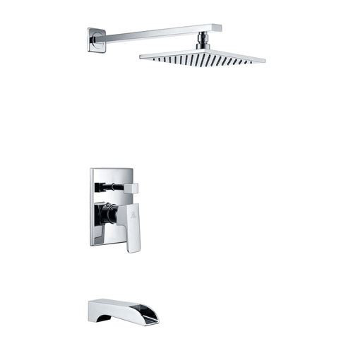 Chrome rain shower head and handhead faucet set, with a modern design with a square shower head, wall-mounted control valve