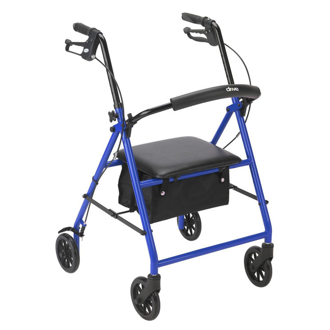 Rollator rolling walker in blue with padded seat and 6-inch wheels, with a foldable backrest and storage bag