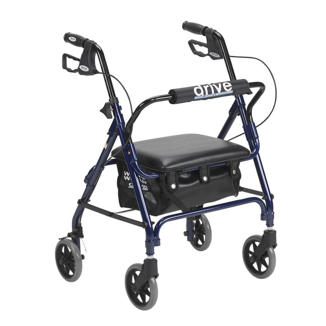 Rollator rolling walker with padded seat and 6" wheels, designed for mobility assistance