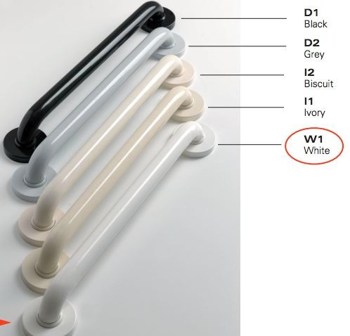 12-inch ADA-compliant grab bar options in various colors including black, grey, biscuit, ivory, and white
