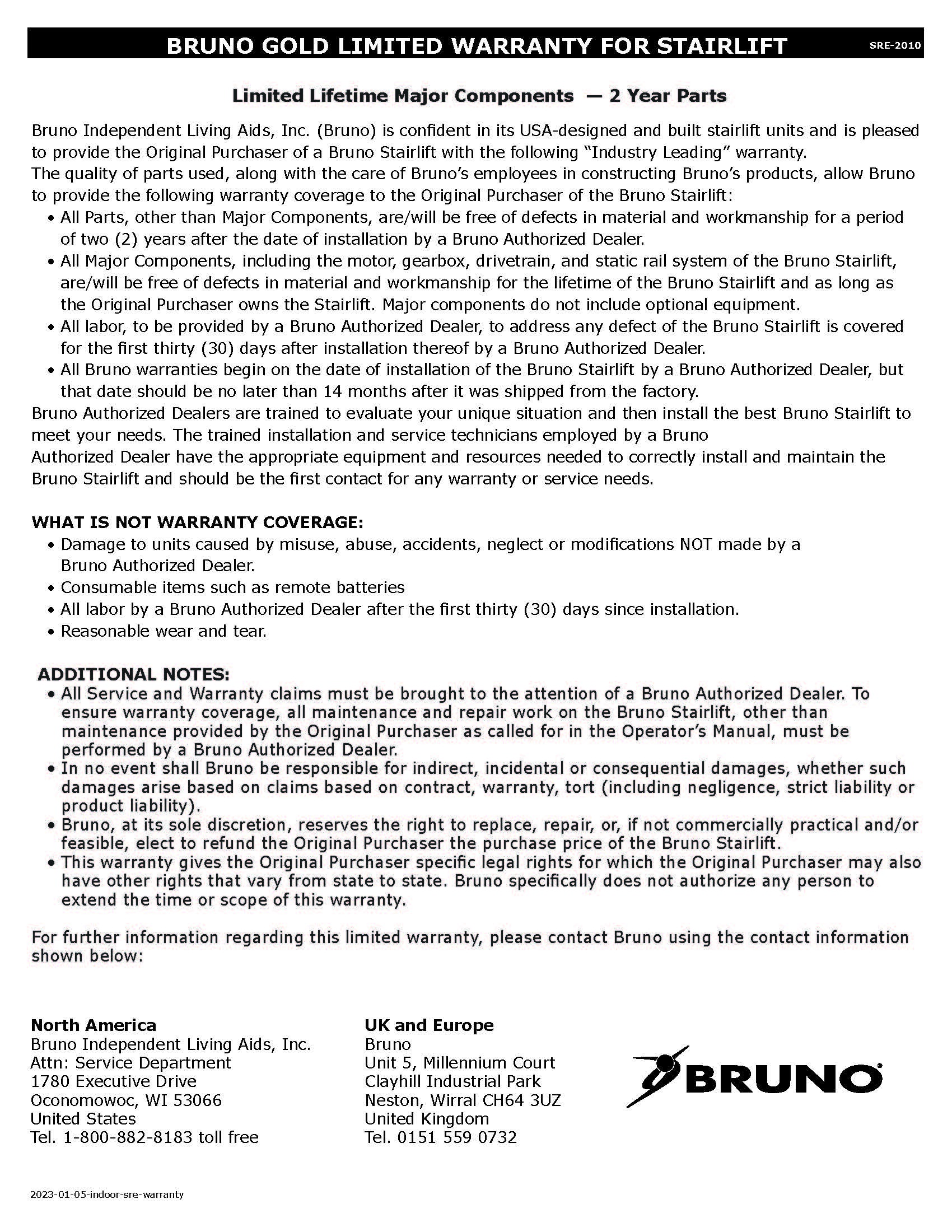 Bruno Indoor Stairlift Warranty